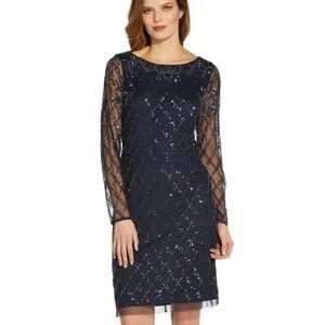 Adrianna Papell Women's Blue Embellished Boat Neck Sheath Dress
